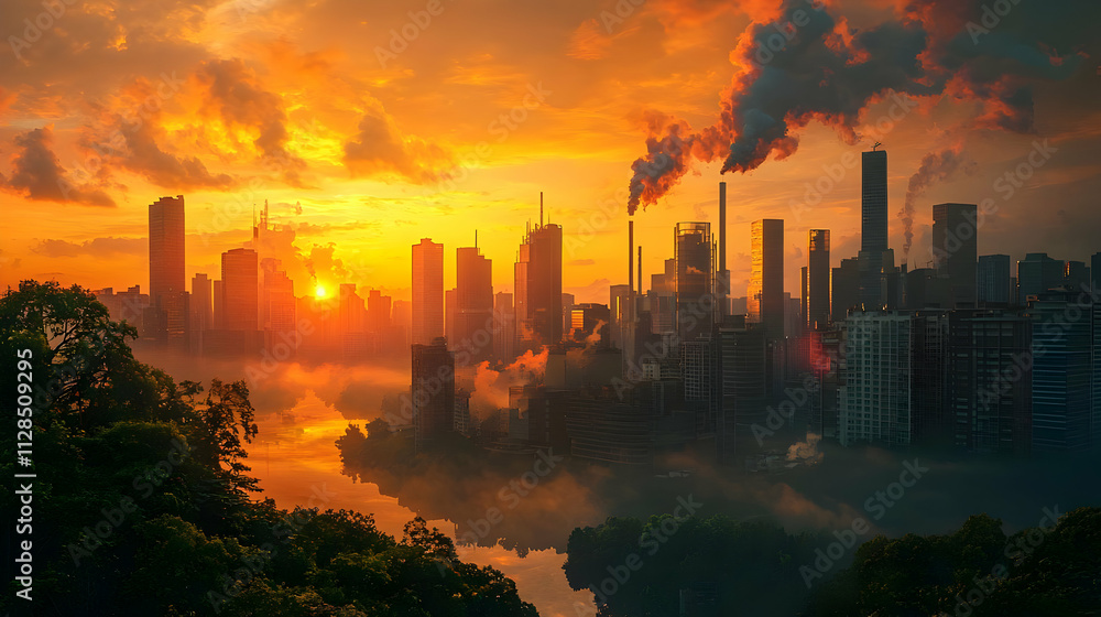 Cityscape Sunrise: Smog, Buildings, and Golden Hour Cityscape Sunrise: Smog, Buildings, and Golden Hour