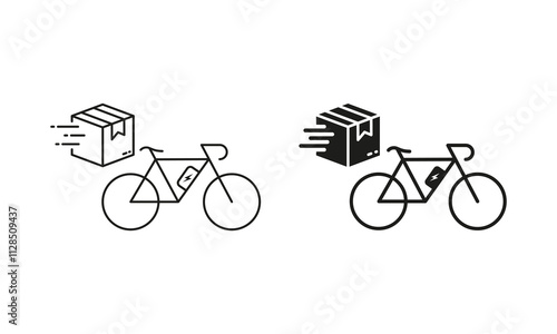 Bicycle Shipping Line and Silhouette Icon Set. Fast Bike Delivery Service Pictogram. Parcel Shipment Symbol. Editable Stroke. Isolated Vector Illustration