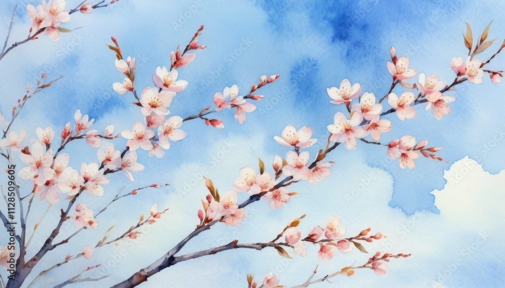 Spring blossoms sway gently in the breeze under a sky painted in soft blues, inviting warmth and renewal in a watercolor masterpiece Spring blossoms sway gently in the breeze under a sky painted in soft blues, inviting warmth and renewal in a watercolor masterpiece