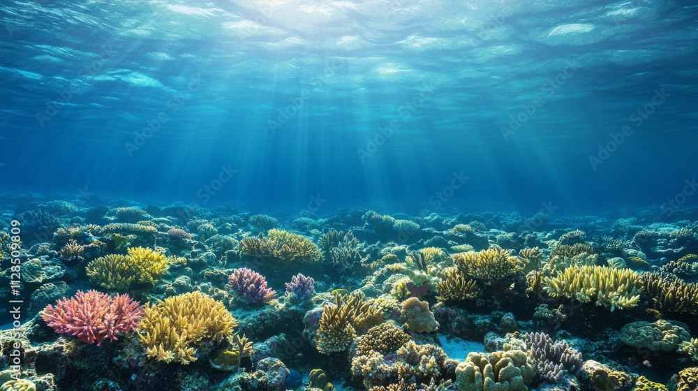 Sunlit Ocean Floor Displays Vibrant Coral Reef Life Sunlit Ocean Floor Displays Vibrant Coral Reef Life