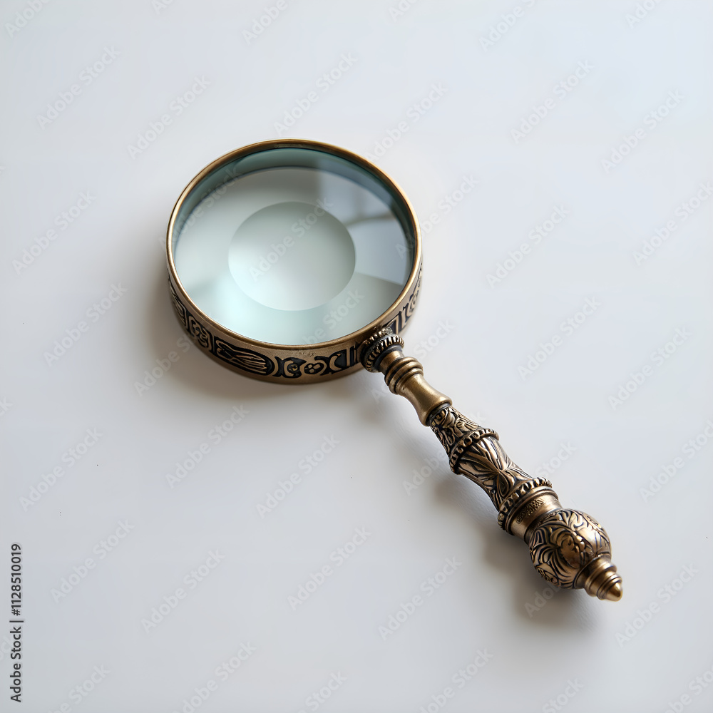 Intricately designed magnifying glass ready for exploration and discovery of hidden details, photography of still life concept.