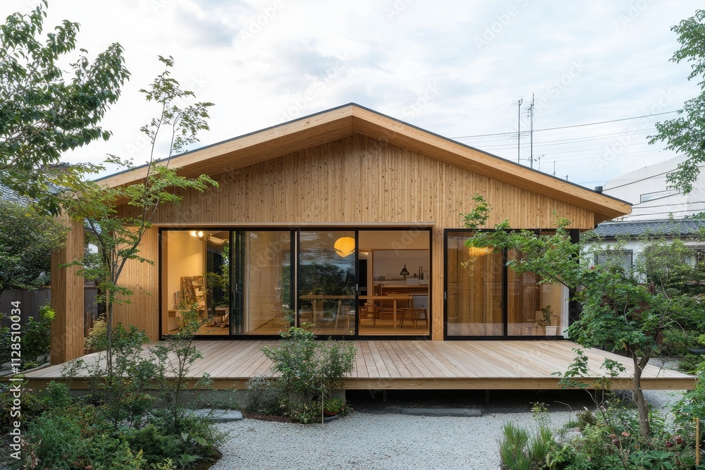 Fototapeta premium Modern wooden house with large windows and surrounding greenery.