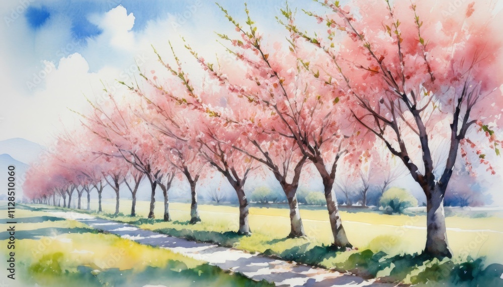 Naklejka premium Delicate cherry blossoms line a peaceful pathway under a bright blue sky on a vibrant spring day