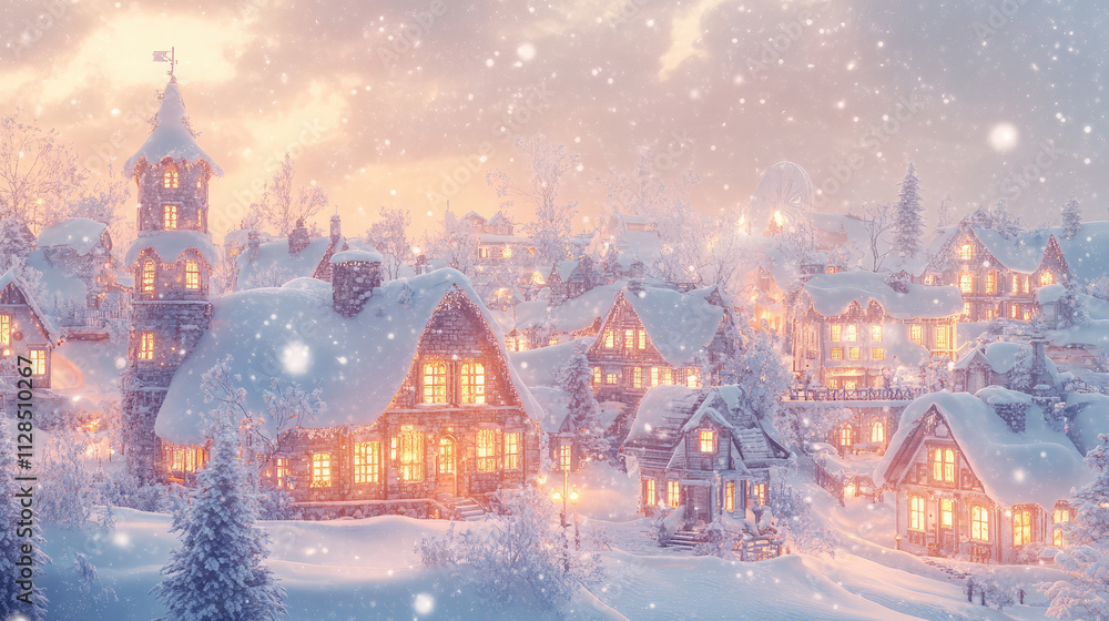 Naklejka premium A delightful snowy town lit up with colorful Christmas lights, spreading joy and a sense of peaceful celebration.