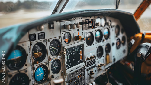 Cockpit dashboard displaying various instruments and controls for aviation navigation.
