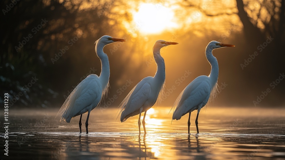 Fototapeta premium Three Elegant Egrets Standing Gracefully in a Misty Lake at Sunrise, Bathed in Golden Light and Surrounded by a Tranquil Natural Landscape