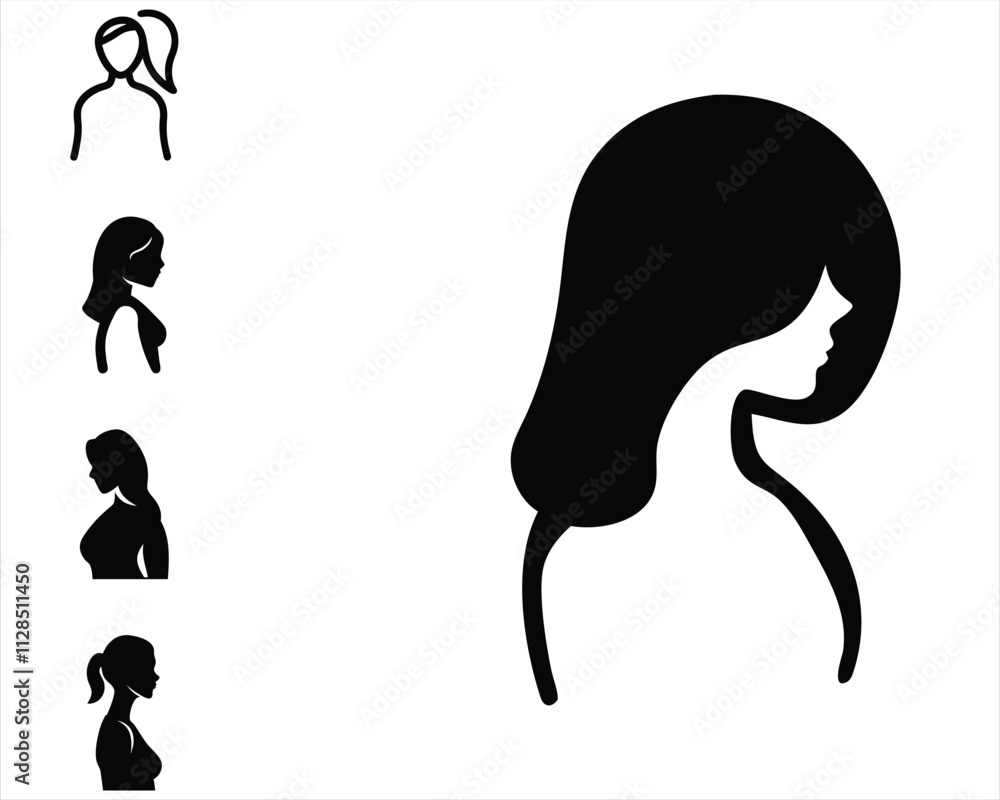 Silhouettes of a Woman's Face and Hair Profile in Minimalist Style, Female's face, posters, cosmetics, postcards. Silhouettes of a Woman's Face and Hair Profile in Minimalist Style, Female's face, posters, cosmetics, postcards.