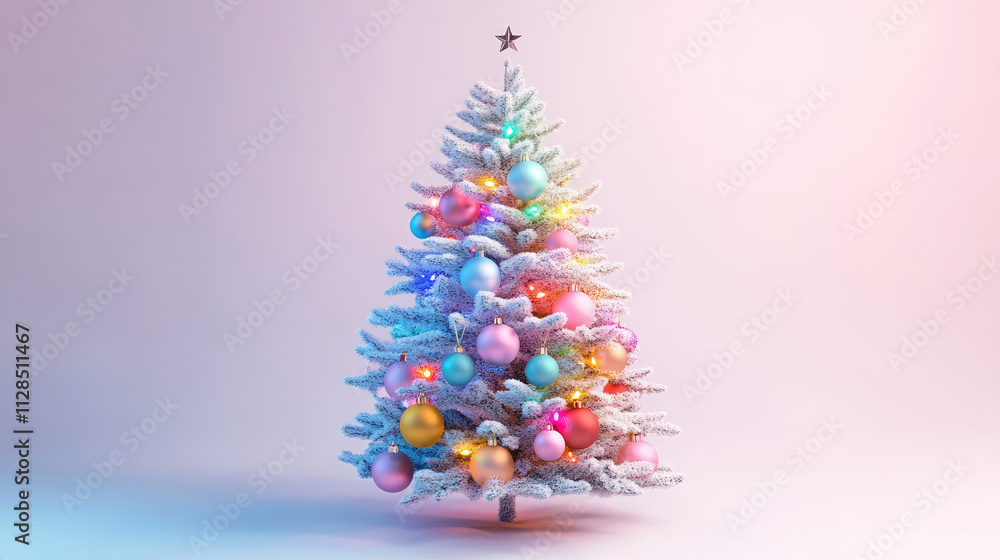 A lit-up Christmas tree filled with vibrant ornaments, set against a pastel pink backdrop, perfect for a cheerful holiday setting. A lit-up Christmas tree filled with vibrant ornaments, set against a pastel pink backdrop, perfect for a cheerful holiday setting.