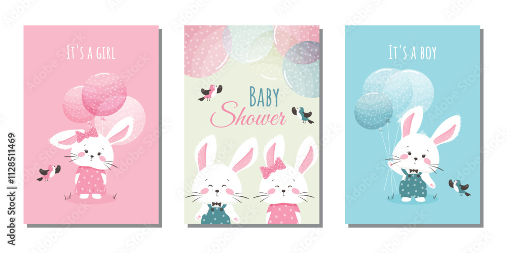 A set of festive templates for birthday invitation cards, a children's party with funny bunnies and balloons. Vector illustrations. A set of festive templates for birthday invitation cards, a children's party with funny bunnies and balloons. Vector illustrations.