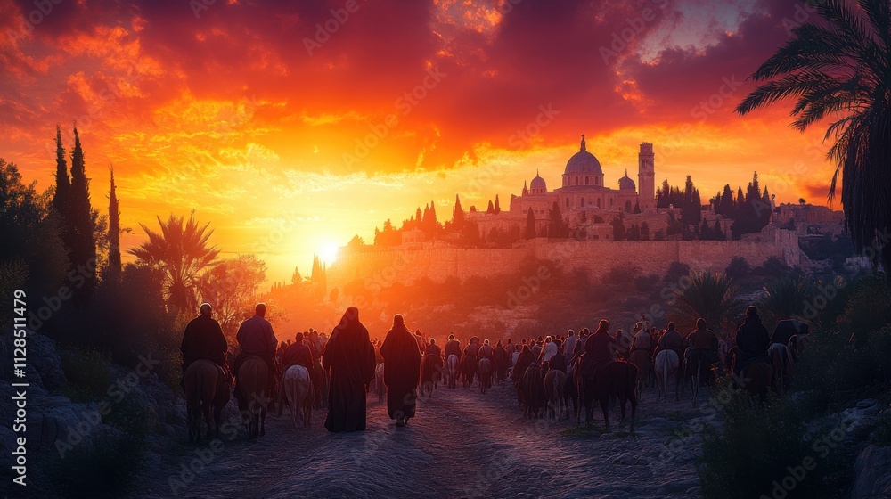 Fototapeta premium palm sunday christ s triumphal entry into jerusalem silhouette of a crowd of people on the background of palm trees and ancient city