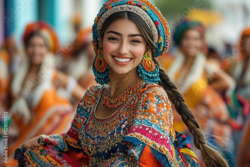 Smiling woman in vibrant traditional Colombian dress at a festival.