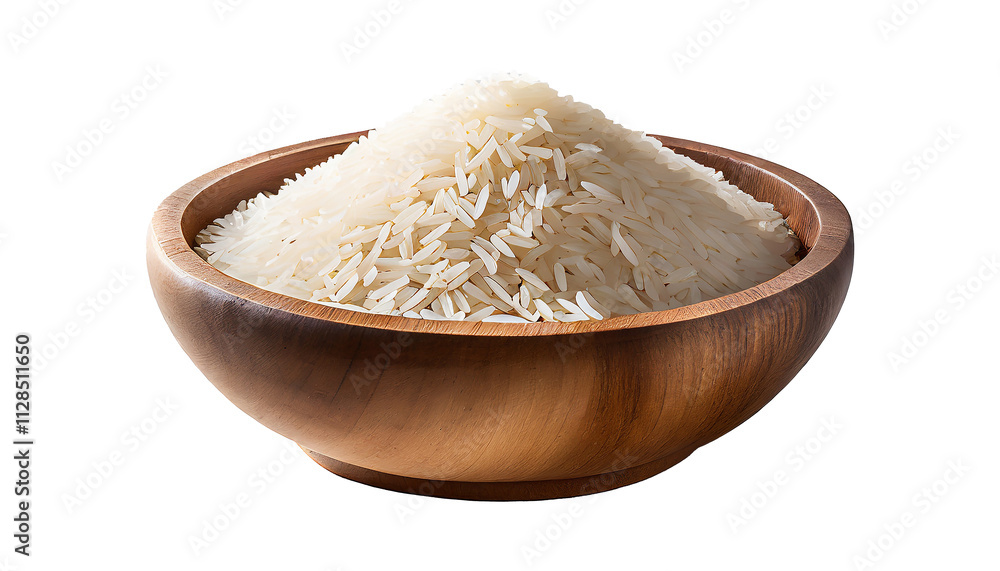 White rice in a wooden bowl on transparent or white background. White rice in a wooden bowl on transparent or white background.