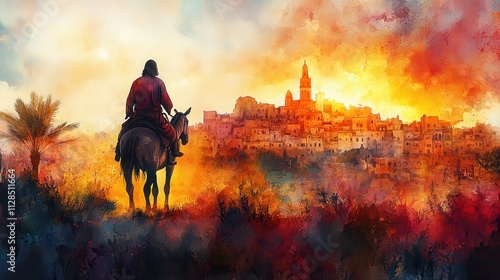 palm sunday christ s triumphal entry into jerusalem silhouette of a man riding a donkey on a background of the city watercolor illustration
