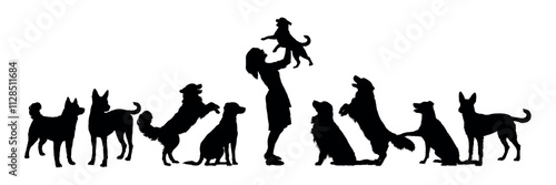 Woman lifting a puppy with group of dogs black silhouettes isolated on white background. 