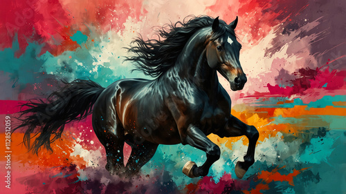 A majestic black horse over a vibrant colored background photo