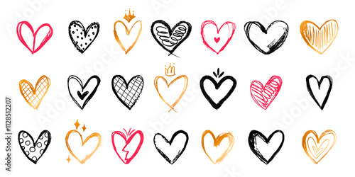 Grunge Icon Hearts in Red, Black and Gold Colors. Cute doodle love signs isolated on white background. Scribble heart shapes with simple decorations drawn with markers and crayons