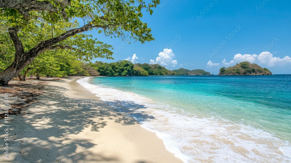 Tropical Beach Scene with Lush Green Trees and Turquoise Water Tropical Beach Scene with Lush Green Trees and Turquoise Water