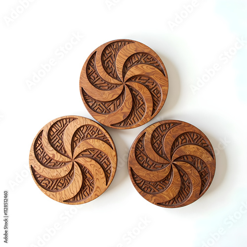 Intricate wooden plates with swirling designs  a showcase of craftsmanship and nature s elegance, photography of artistic concept. photo