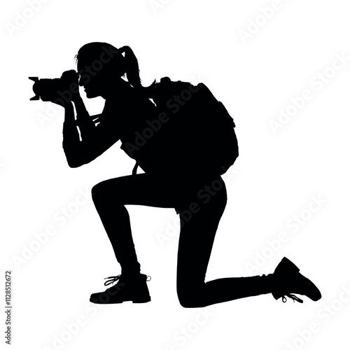 Woman photographer kneeling while holding camera taking shot photos side view black silhouette on white background.