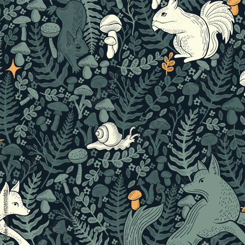 Wildlife Vector Repeat pattern With Squirrel, Foxes, Snails and forest Plants