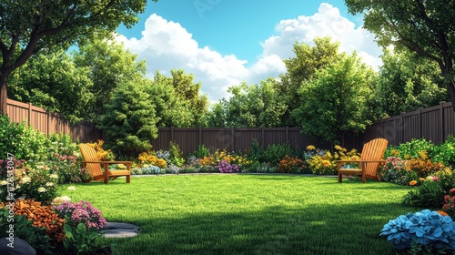 Fototapeta Naklejka Na Ścianę i Meble -  patio area backyard in the sun with trees a fence and a green lawn grassy backyard patio or courtyard in a suburban home cartoon chairs and table garden modern furnitur