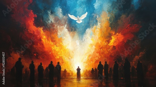 pentecost the descent of the holy spirit on the followers people in front of a bright fire with white dove up in the sky digital painting