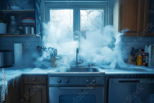 Kitchen filled with steam and ice on surfaces after a pipe burst at night. Generative AI photo