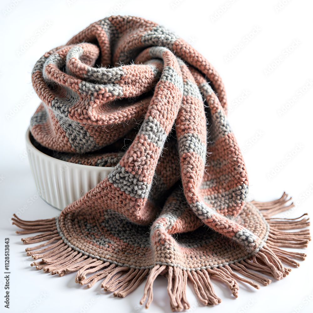 Obraz premium Textured knitted scarf artistically piled in a white bowl with fringed edges and soft colors, photography of still life concept.