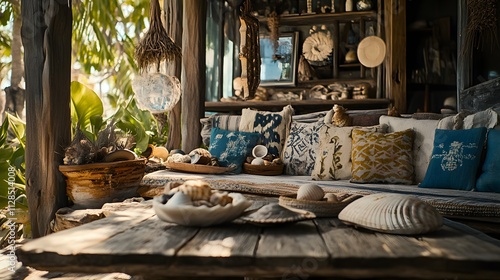 A rustic bohemian-style bungalow decorated with driftwood and shells.