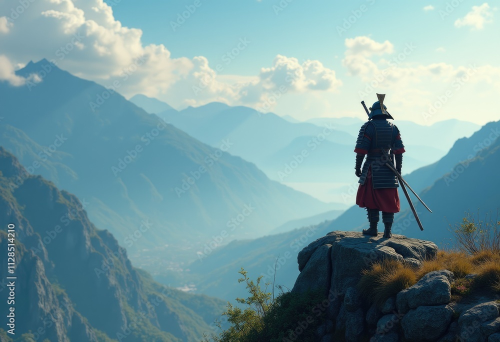 A lone samurai stands on a mountain peak, gazing out at a vast, misty valley. A lone samurai stands on a mountain peak, gazing out at a vast, misty valley.