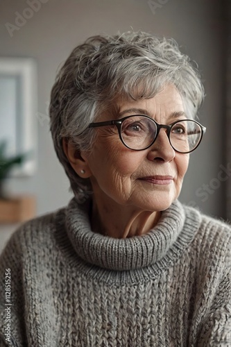 portrait of senior person,a_calm_elderly_woman_with_gray_hair_and_glass