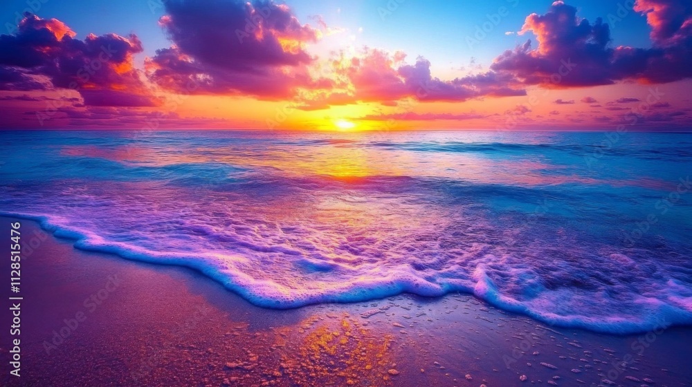 Vibrant Sunset Over Calm Ocean Waves On Sandy Beach Vibrant Sunset Over Calm Ocean Waves On Sandy Beach