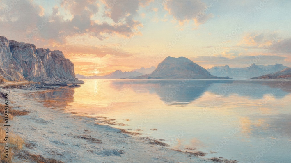 Fototapeta premium Serene Sunset Over Coastal Mountains And Calm Waters