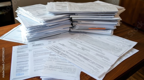 High stacks of paperwork on a wooden table.