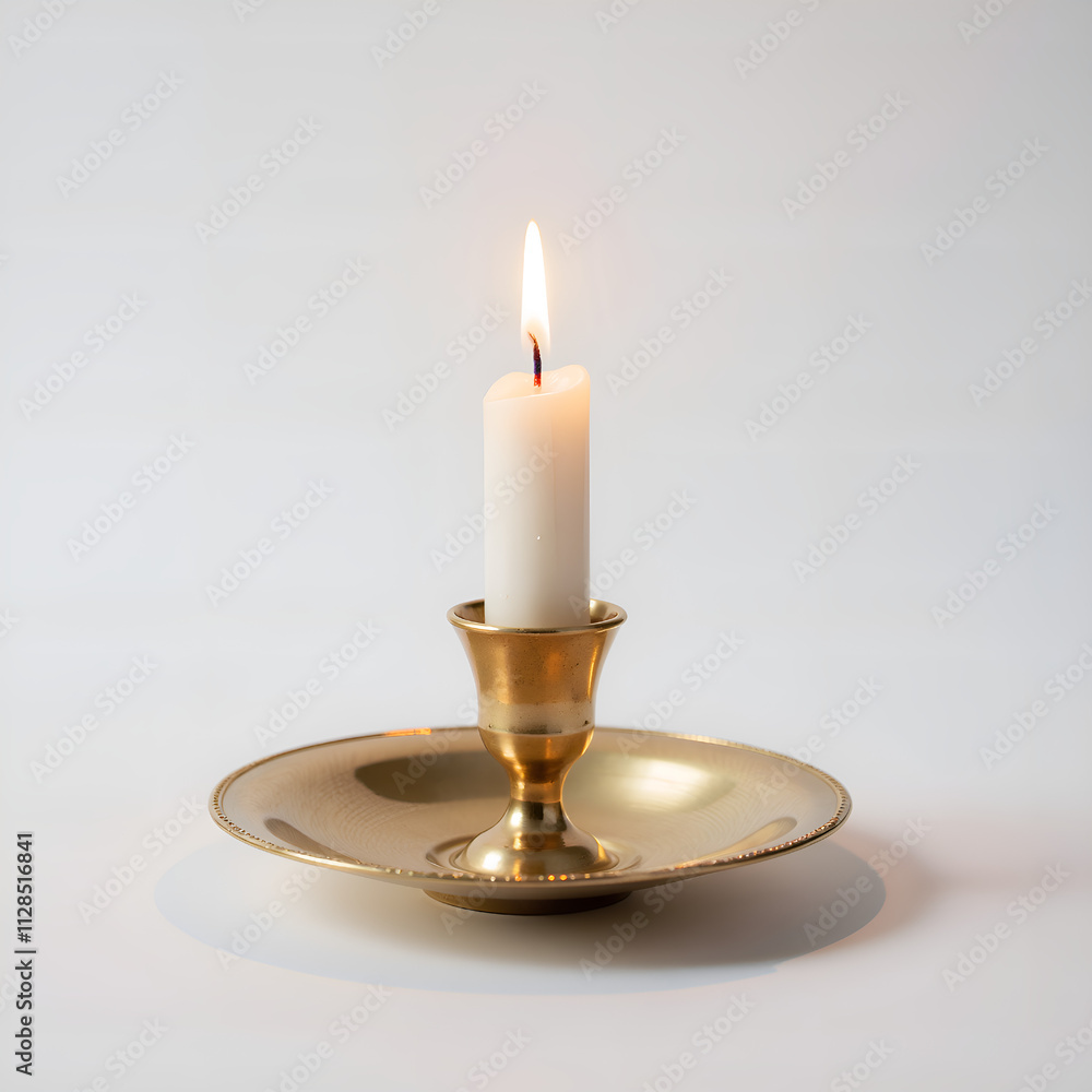 A simple candle glowing elegantly in a brass holder on a white background, photography of still life concept. A simple candle glowing elegantly in a brass holder on a white background, photography of still life concept.