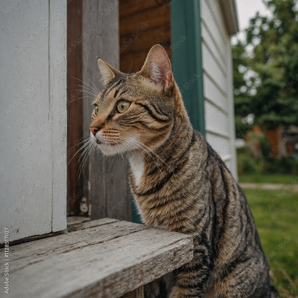 A tabby cat curiously inspecting a freshly painted house. A tabby cat curiously inspecting a freshly painted house.