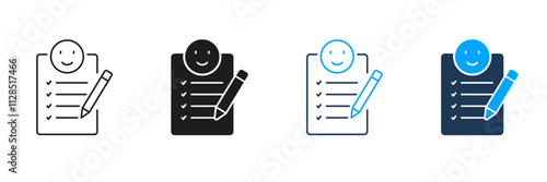 Document With Positive Emoticon Line and Silhouette Icon Set. Happy Client, Customer Satisfaction Pictogram. Agreement Confirmation Symbol. Editable Stroke. Isolated Vector Illustration