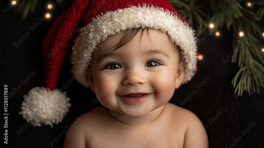 Delight radiates from a happy baby wearing a fluffy Santa hat, surrounded by shimmering lights and greenery. The cheerful expression captures the warmth of togetherness during the festive season Delight radiates from a happy baby wearing a fluffy Santa hat, surrounded by shimmering lights and greenery. The cheerful expression captures the warmth of togetherness during the festive season