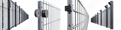 Robust steel security fence with barred metal grid and CCTV providing maximum safety protection and access control for a restricted or secured area photo