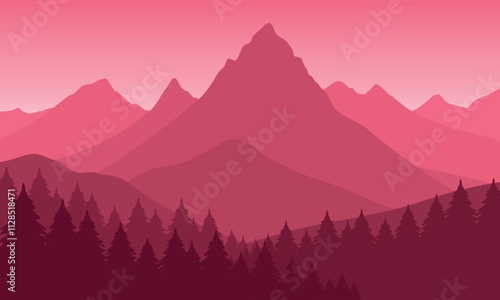 Vector red mountain landscape with clean sky, calm river and pine trees silhouettes