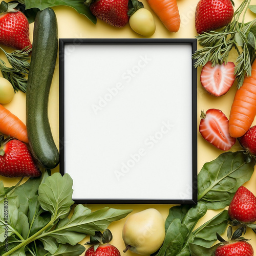 A lively mockup empty advertising template frame with a spring theme, surrounded by fresh fruits and vegetables like strawberries, carrots, and leafy greens.  photo