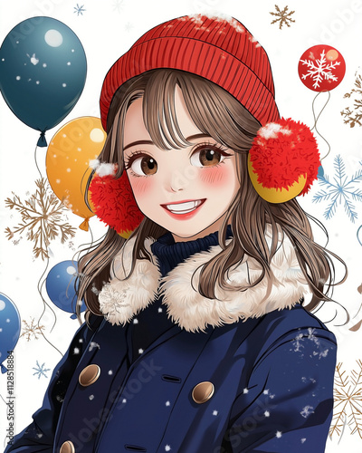 a cute girl in a chic winter costume, featuring a stylish navy blue coat with a fluffy collar and a vibrant red beanie. surrounded by playful elements like snowflakes and balloons, photo