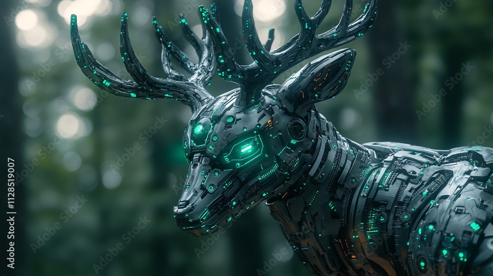 Robotic Deer with Glowing Green Antlers in a Forest Robotic Deer with Glowing Green Antlers in a Forest
