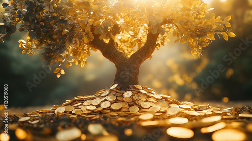 A majestic tree with its trunk replaced by a flowing column of golden coins, symbolizing wealth generated through sustainable business practices. photo