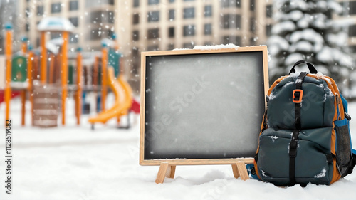 A mockup advertising frame centered around a winter school life theme, featuring a empty plain chalkboard with snowy edges, a backpack, and a snow-covered playground in the background. photo