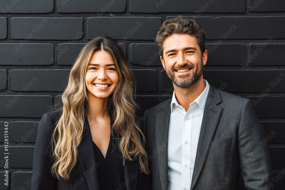Business partners smiling while standing against a black brick wall Business partners smiling while standing against a black brick wall