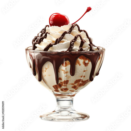 Ice cream sundae with chocolate drizzle, whipped cream and cherry isolated on transparent background, PNG Cutout photo photo