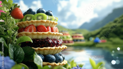  landscape where rolling hills are transformed into layers of colorful fruit tarts, each layer representing different fruits like strawberries, blueberries, and kiwis.  photo