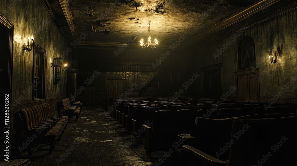 A Dark And Empty Auditorium With Old Seating A Dark And Empty Auditorium With Old Seating