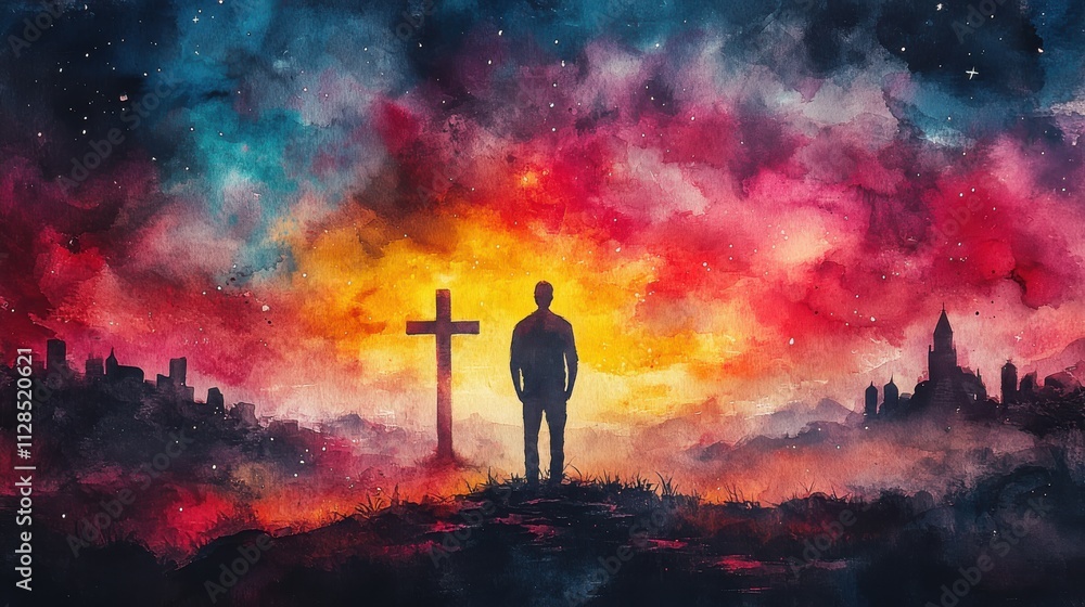 praying man in front of the christian cross on watercolor background praying man in front of the christian cross on watercolor background